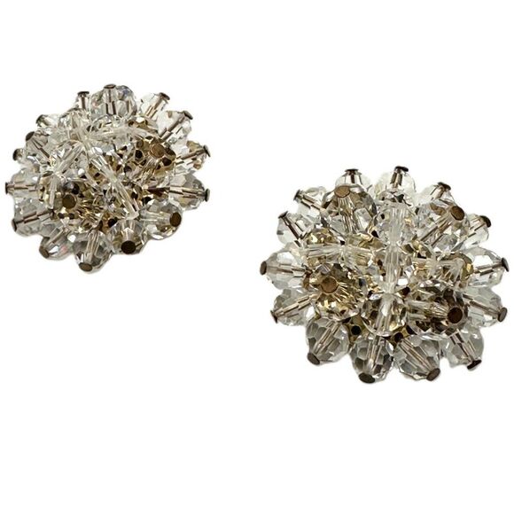 Vintage Glass Crystal Cluster Earrings Gold Clear Rainbow Iridescence 1.25 Inch - Picture 3 of 5